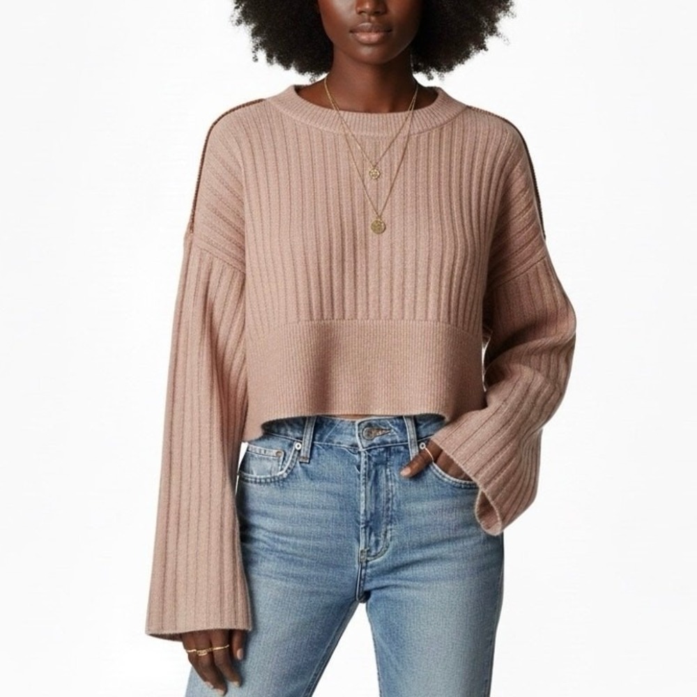 Papermoon Ribbed Knit Cropped Sweater Pink Boho Wide Sleeve PT15878 Size M
